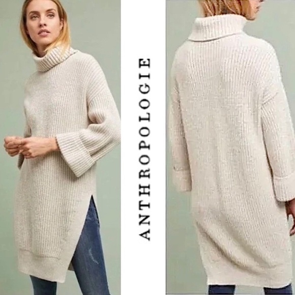 Anthropologie Cable Knit Ribbed Turtleneck Wool Blend Sweater Dress - Picture 1 of 9